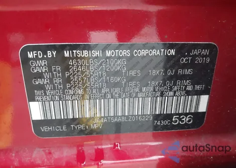 2020 Mitsubishi Eclipse Cross Se 1.5T Awc/Sel 1.5T Awc from USA, damaged, VIN JA4AT5AA8LZ016229